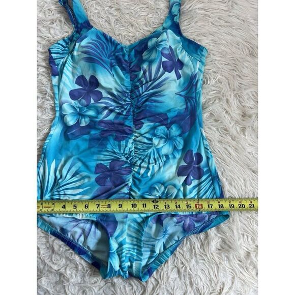 Maxine Womens Vintage Blue Tropical Floral Shirred Front One Piece Swimsuit 16 - Picture 6 of 14